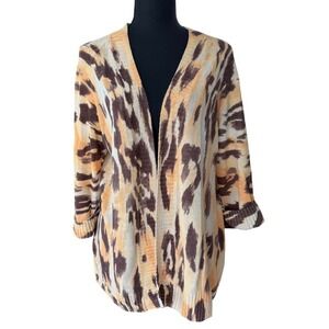 Chicos Size 1 Animal Print Linen Blend Open Front Cardigan Orange Brown Womens M